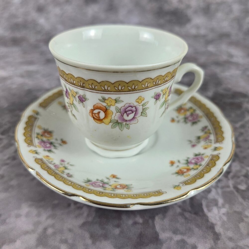 VTG Demitasse Cup & Saucer Gold Accented Floral Pattern Porcelain Collectible